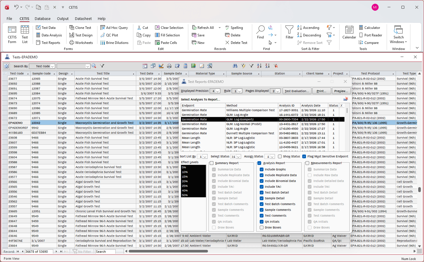 Choose the analyses, endpoints, and effect levels each report generates, then create, display and print the report in one pass.