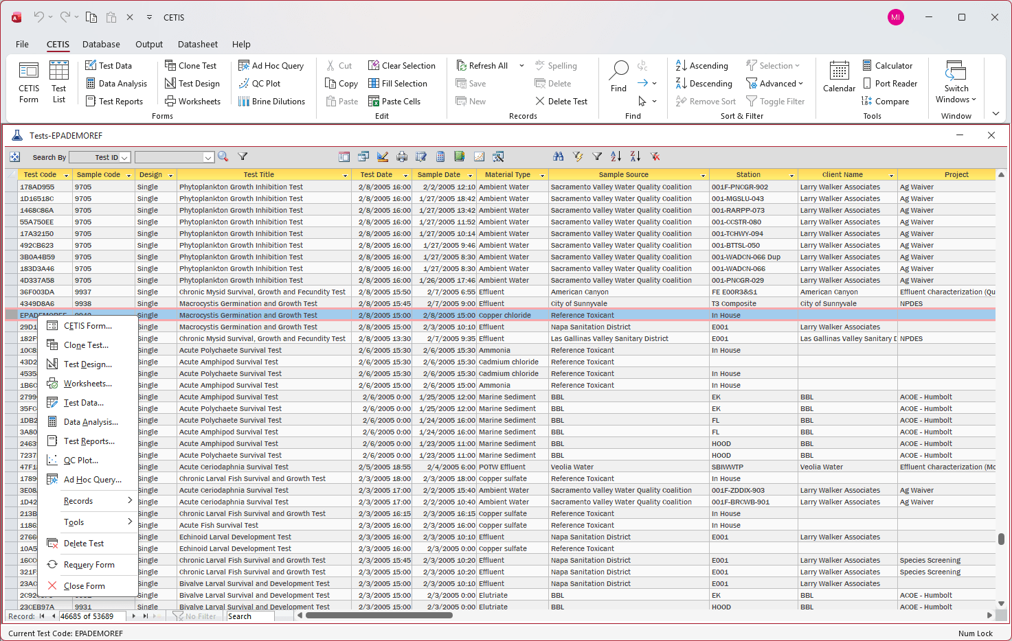 Every test in the database displayed in one global list, filterable and sortable so any record is a click away.